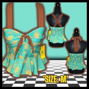 NWT: Unique Vintage X Smiley - Green Daisy Peplum Halter Top (SIZE: MEDIUM)